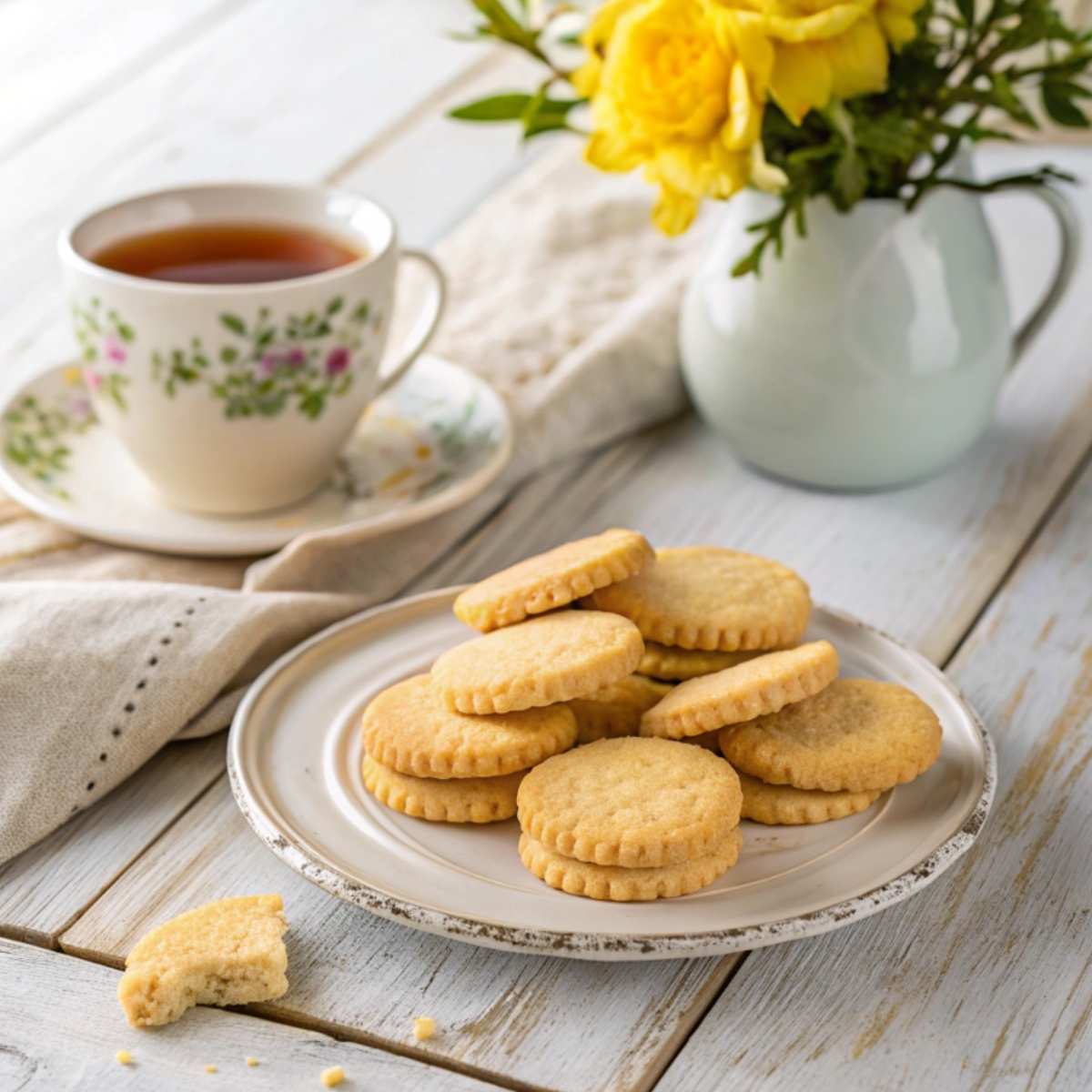 A close-up of golden gluten free shortbread cookies, served with tea