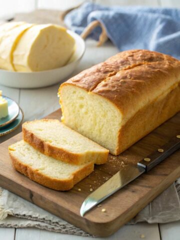 A sliced loaf of gluten free bread on a wooden board