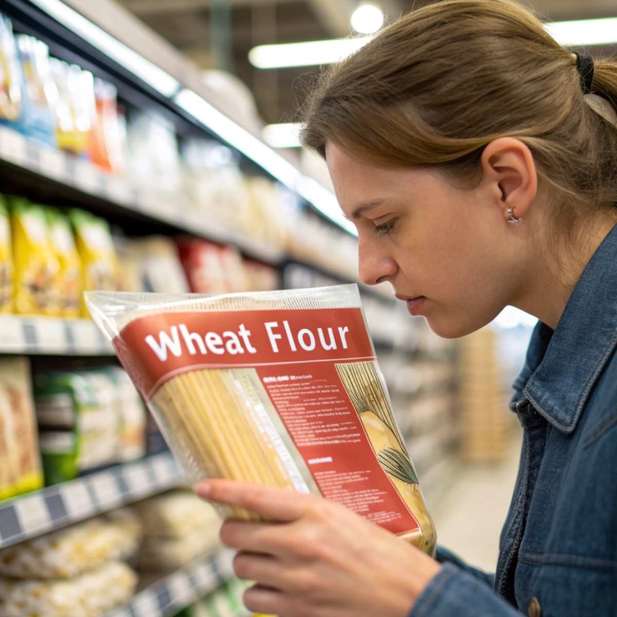 A person checking a package of egg noodles for gluten.