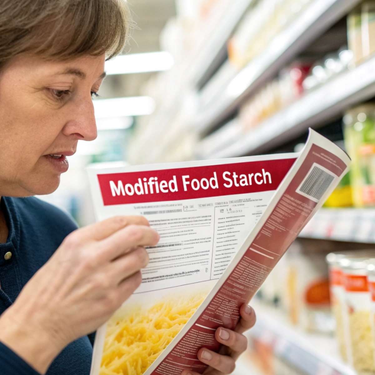 A person checking a cheese label for gluten-containing additives.