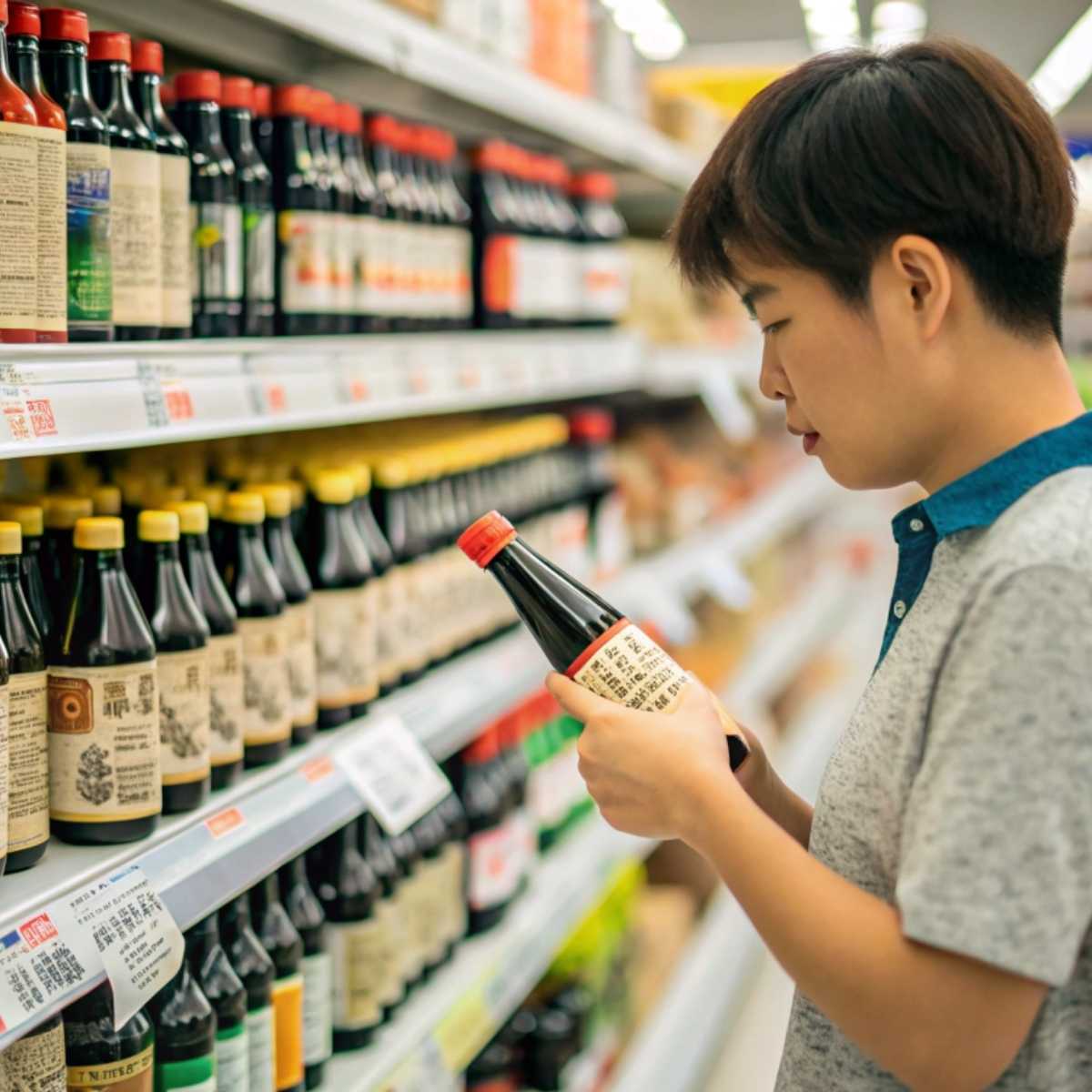 A person checking a soy sauce label for gluten-containing ingredients.