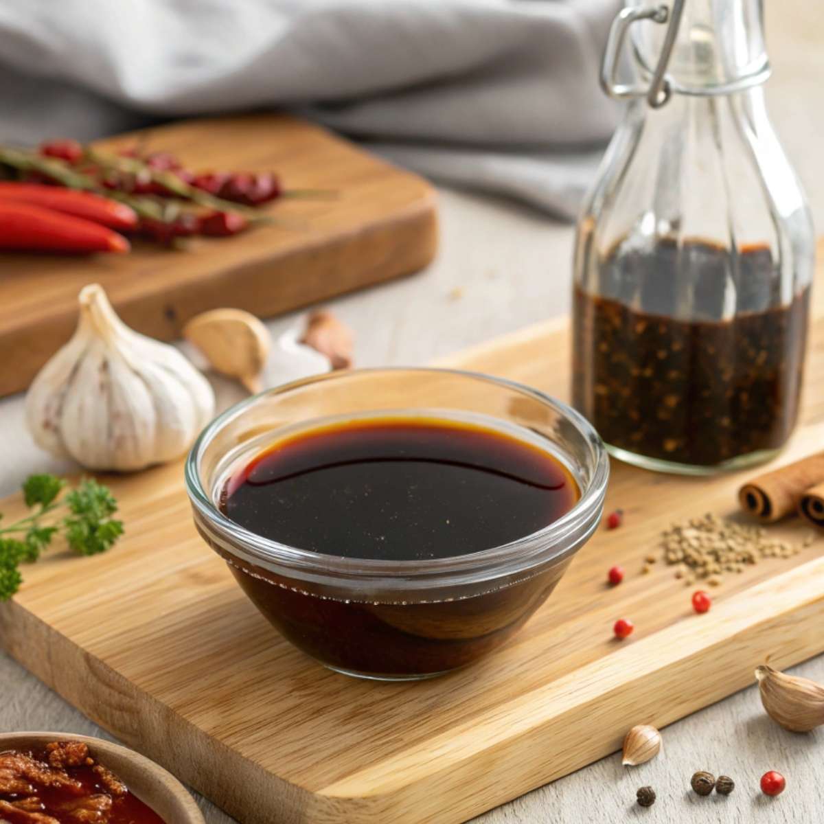 A homemade Worcestershire sauce in a small bowl with ingredients