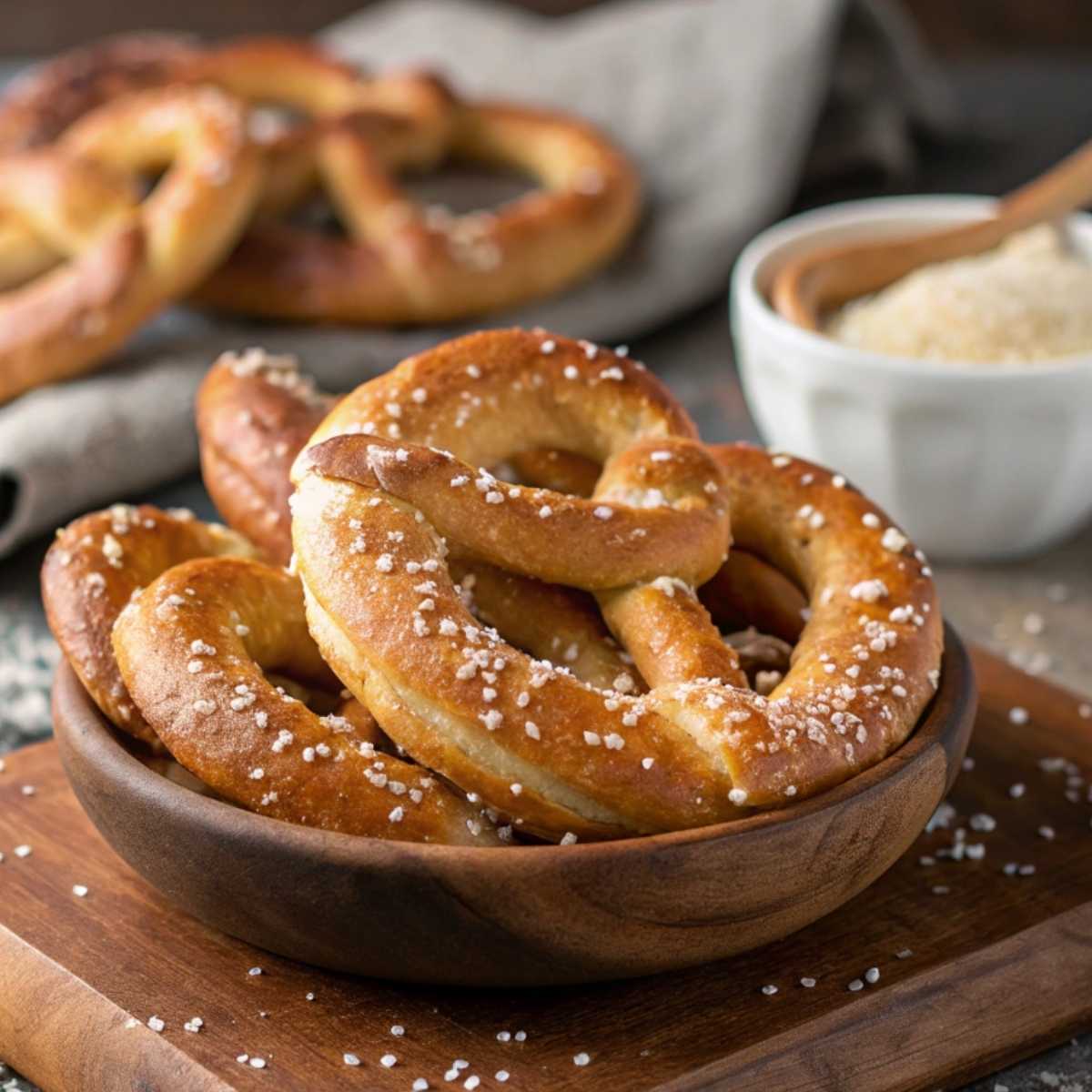 Crunchy gluten-free pretzels in a bowl with coarse salt.