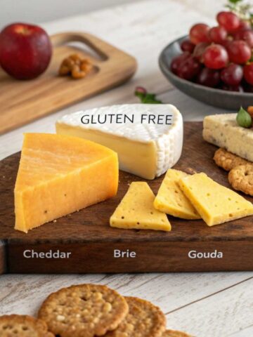 A cheese board with gluten-free cheeses and fresh fruits.