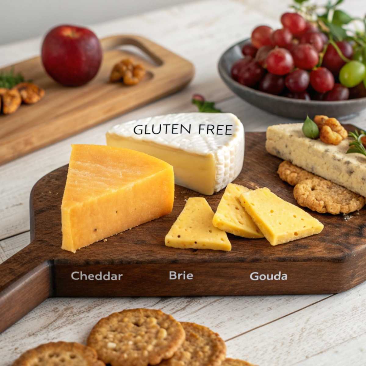 A cheese board with gluten-free cheeses and fresh fruits.