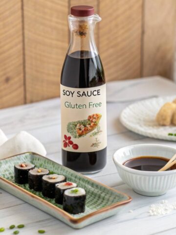 A bottle of gluten-free soy sauce with a small dish and sushi.