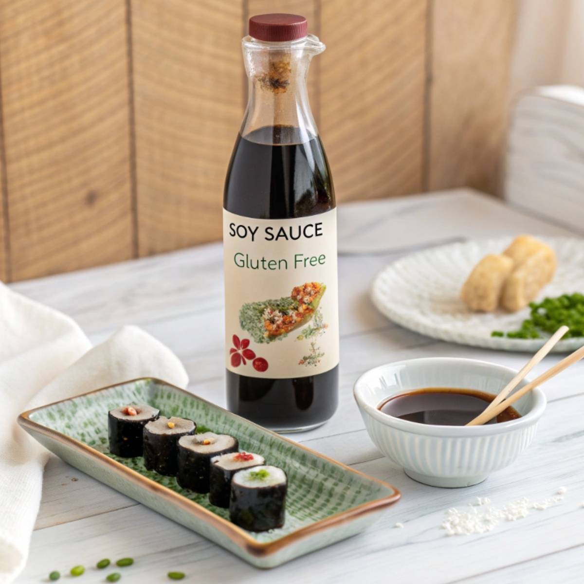 A bottle of gluten-free soy sauce with a small dish and sushi.