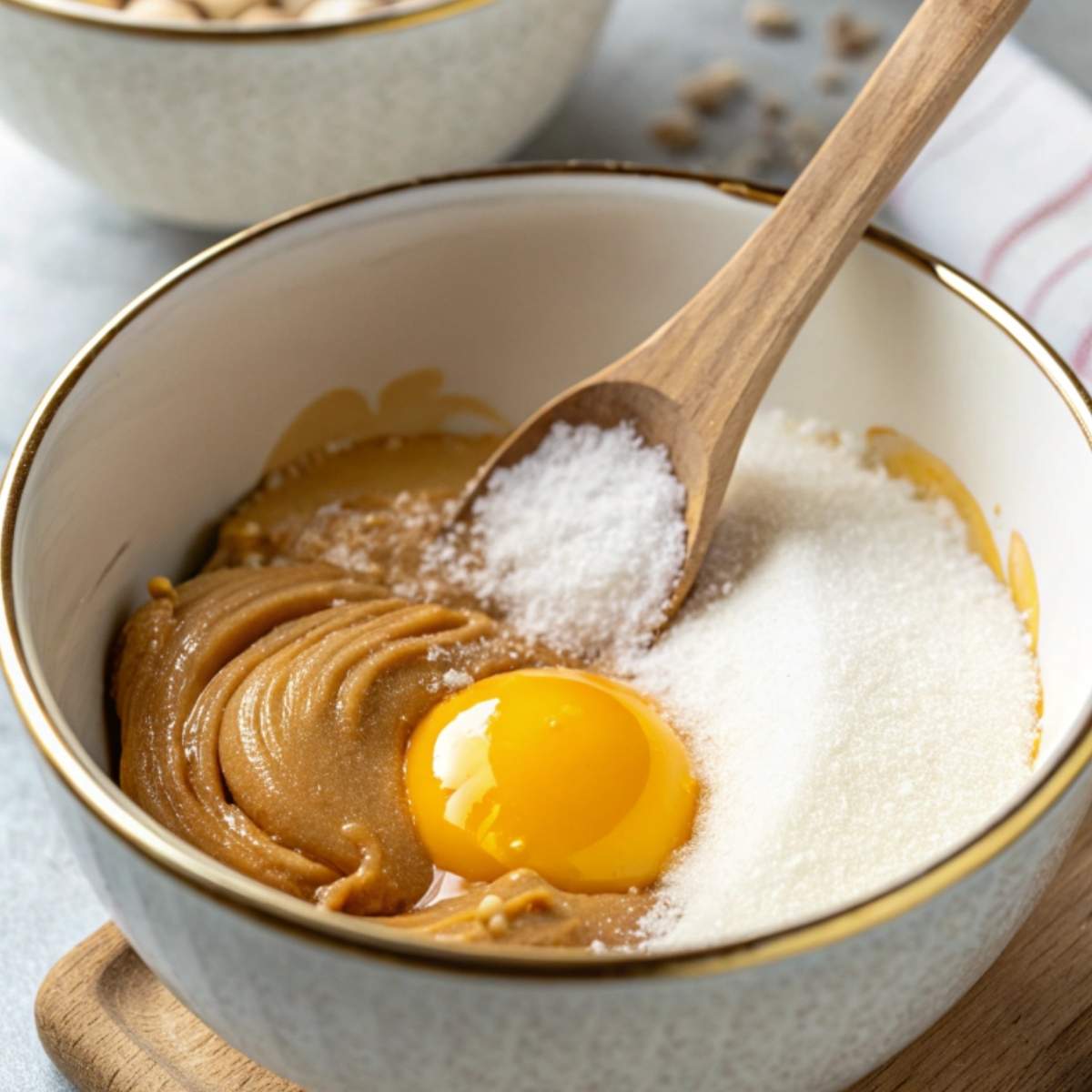 Combining ingredients for gluten free peanut butter cookies