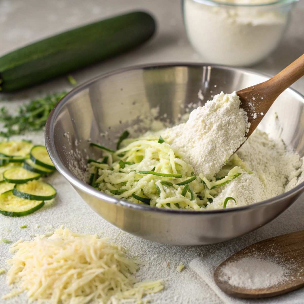 Gluten free courgette bread batter being mixed