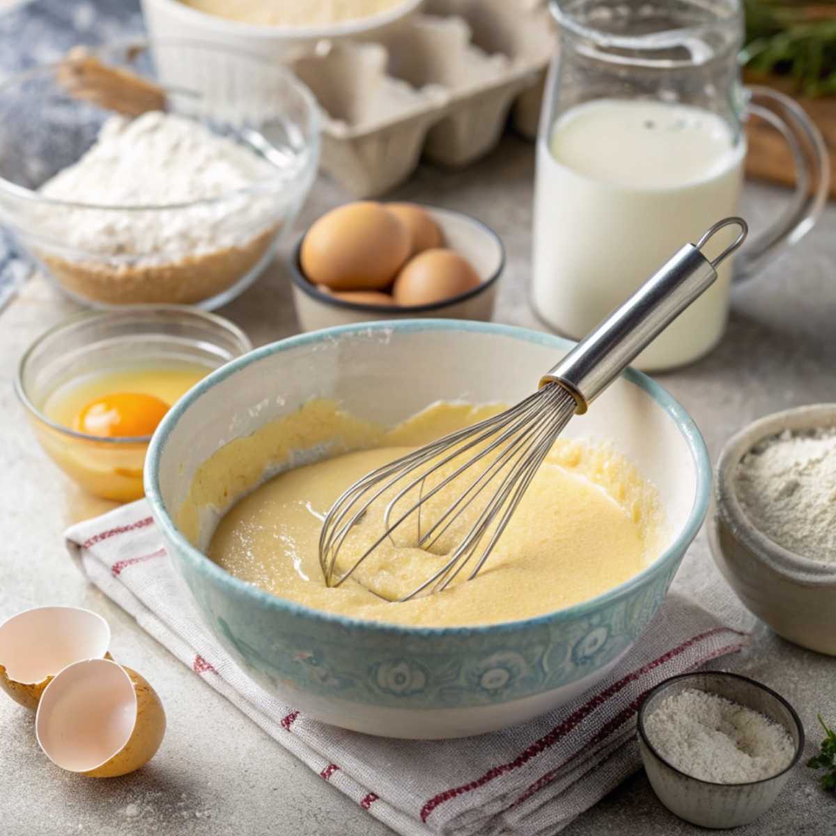 Gluten free waffle batter being mixed in a bowl.