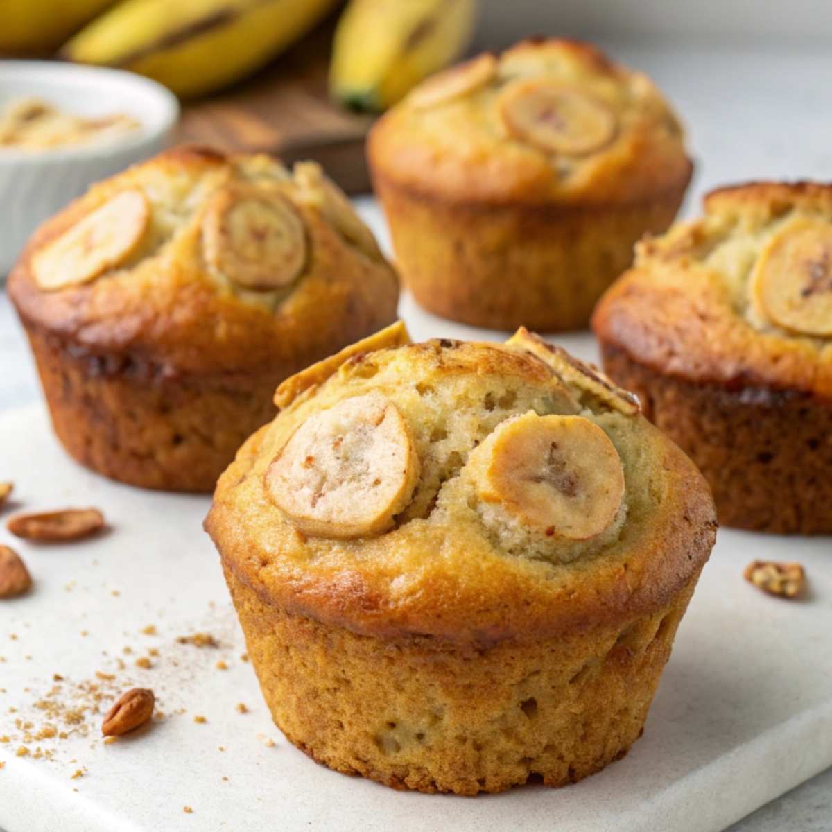 A tray of golden, moist banana bread muffins with ripe bananas