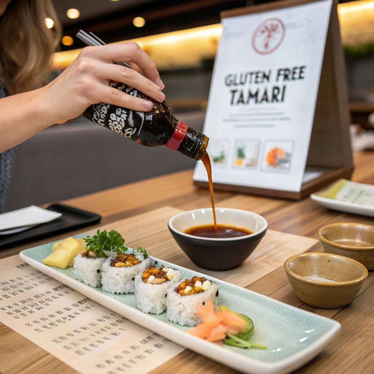 A diner using gluten free soy sauce with sushi