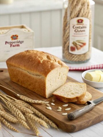 A loaf of Pepperidge Farm sourdough bread placed on a rustic wooden cutting board, surrounded by wheat stalks, a knife,