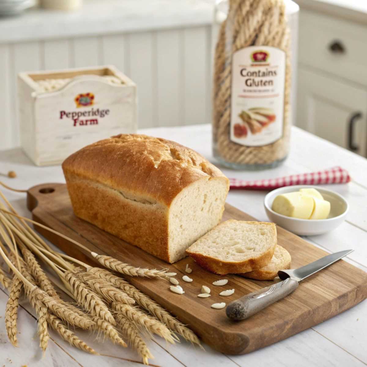 A loaf of Pepperidge Farm sourdough bread placed on a rustic wooden cutting board, surrounded by wheat stalks, a knife,