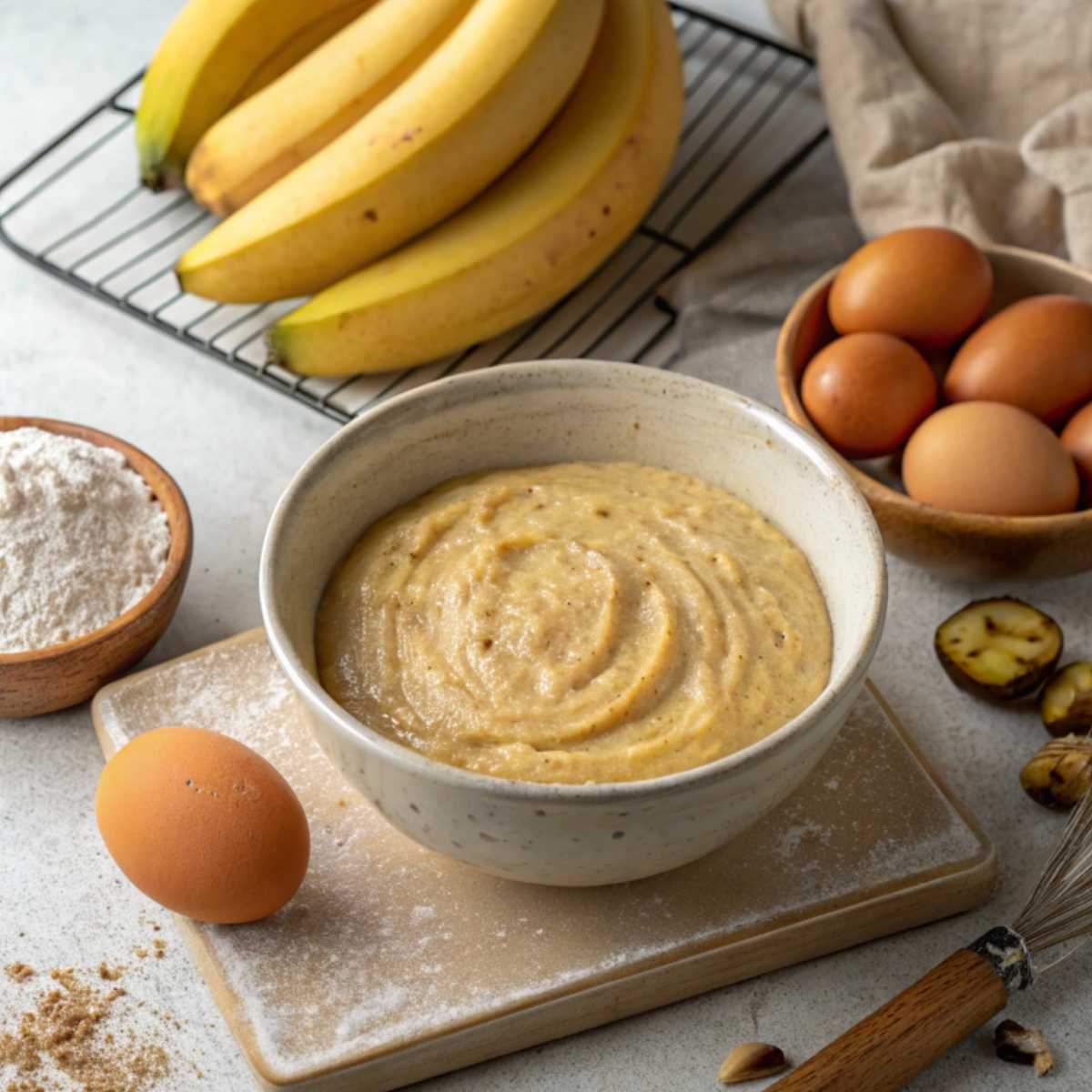 Gluten free banana bread batter in a mixing bowl