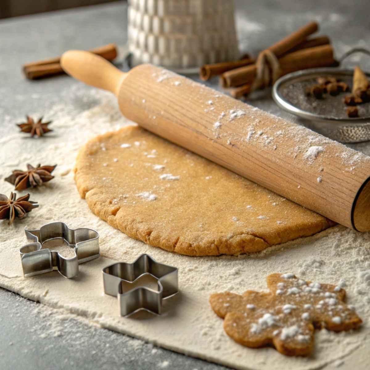 Gluten free gingerbread dough being rolled out.