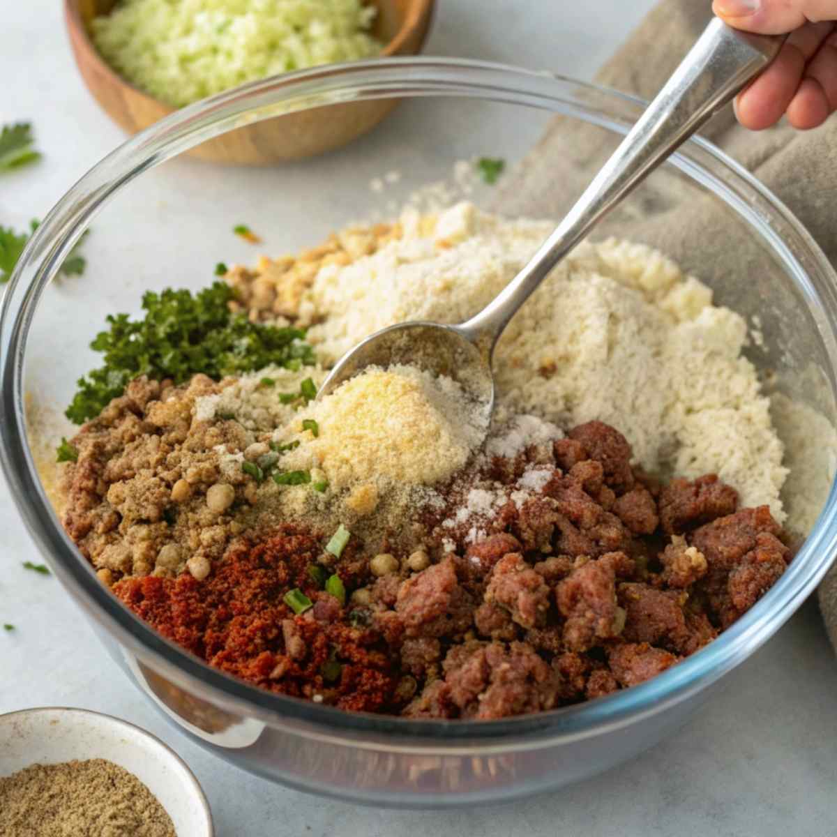 Mixing ground meat with gluten free ingredients for meatballs