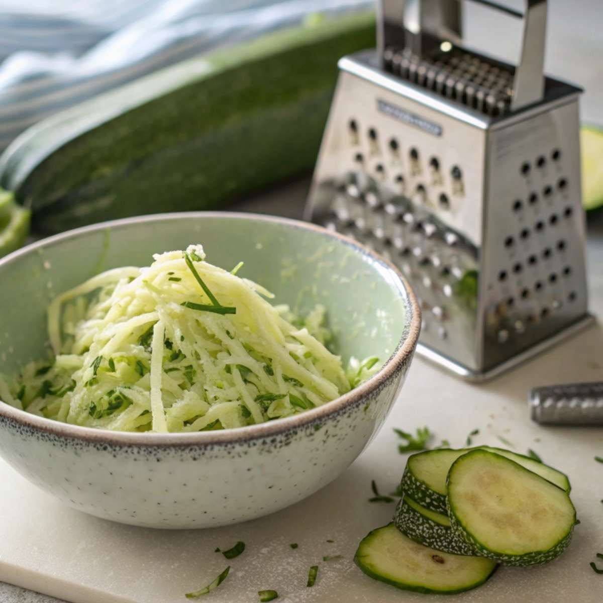 Grated zucchini in a bowl for zucchini bread