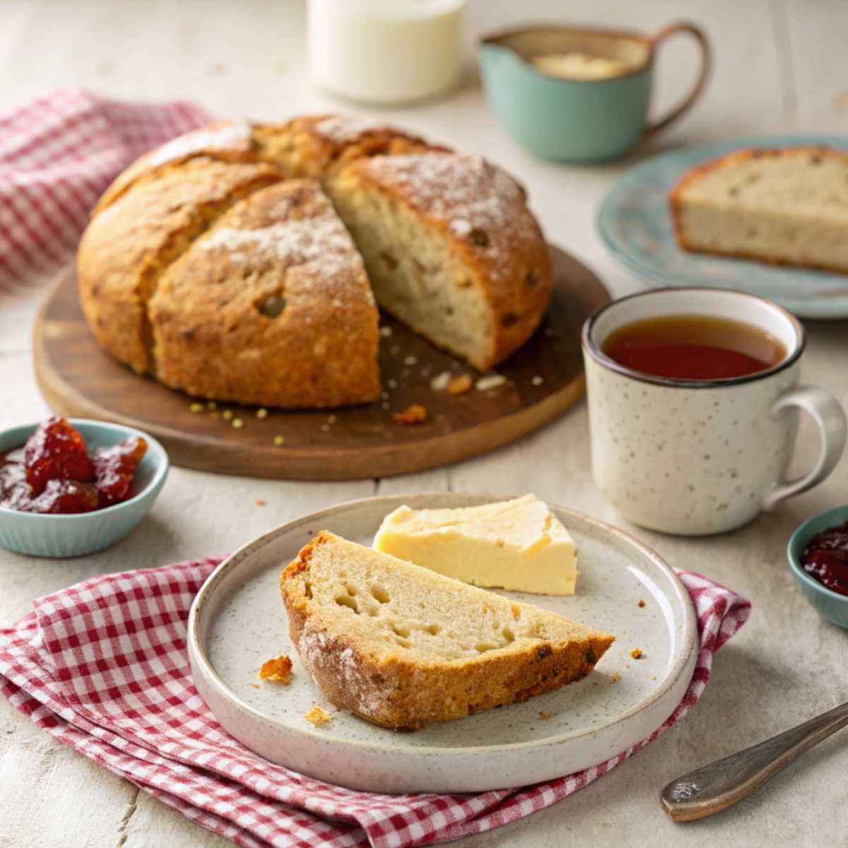 Slices of gluten free Irish soda bread with butter and jam