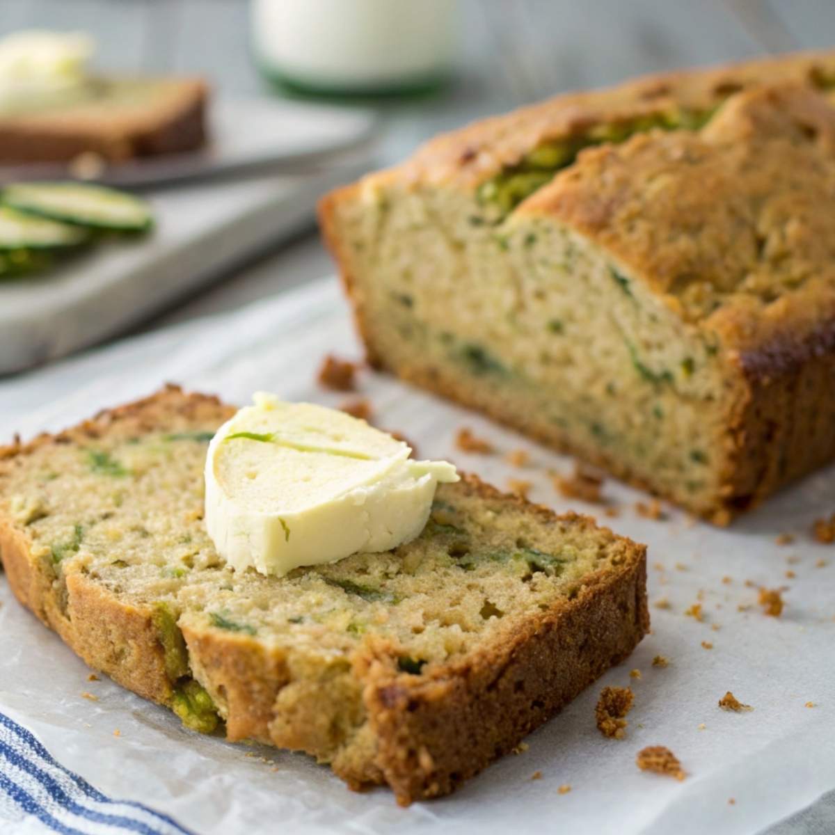 A loaf of gluten free zucchini bread on a wooden board