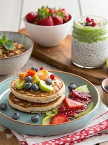 breakfast spread featuring gluten-free pancakes topped with fresh fruit, a smoothie bowl with vibrant toppings like chia seeds and granola, avocado toast on gluten-free bread