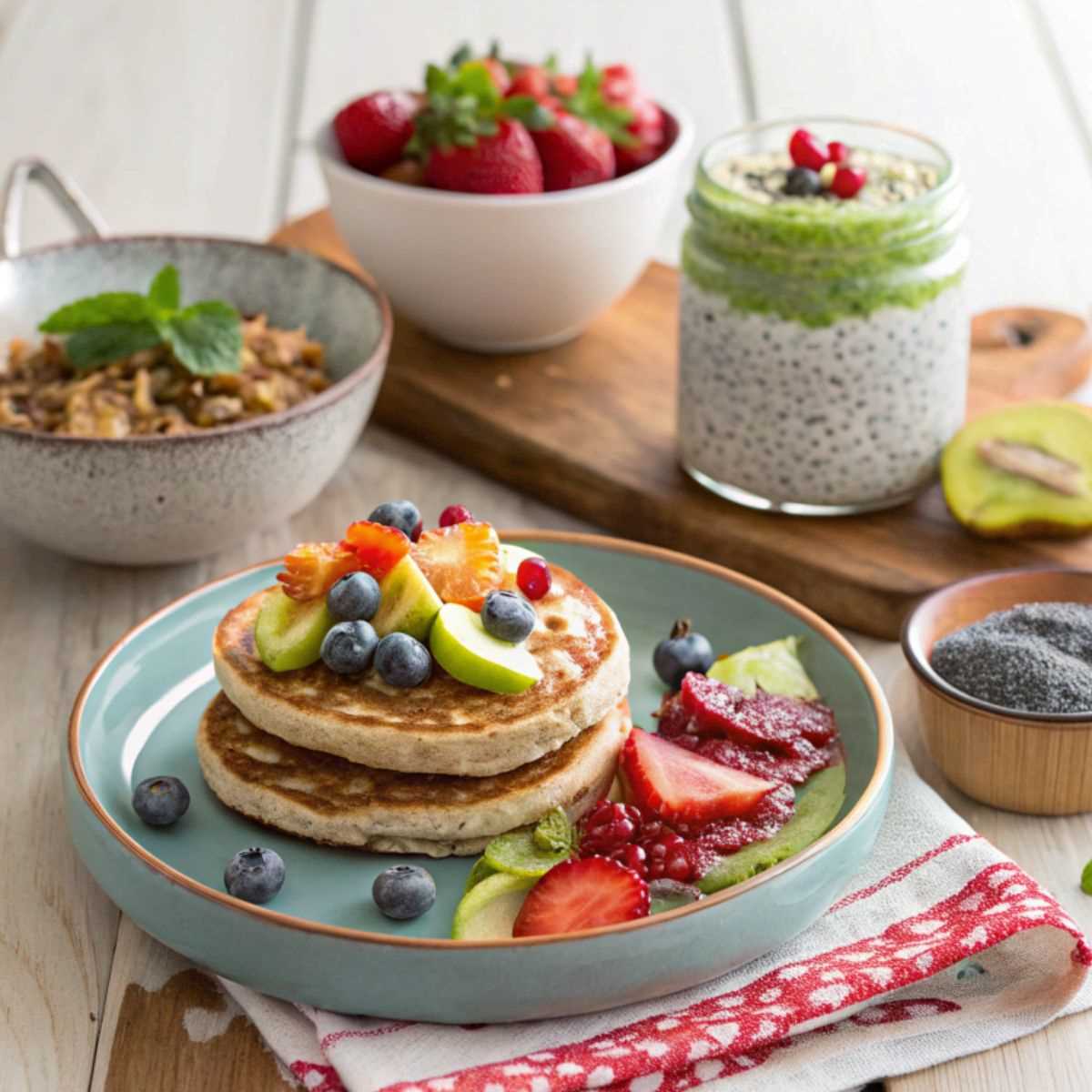 breakfast spread featuring gluten-free pancakes topped with fresh fruit, a smoothie bowl with vibrant toppings like chia seeds and granola, avocado toast on gluten-free bread