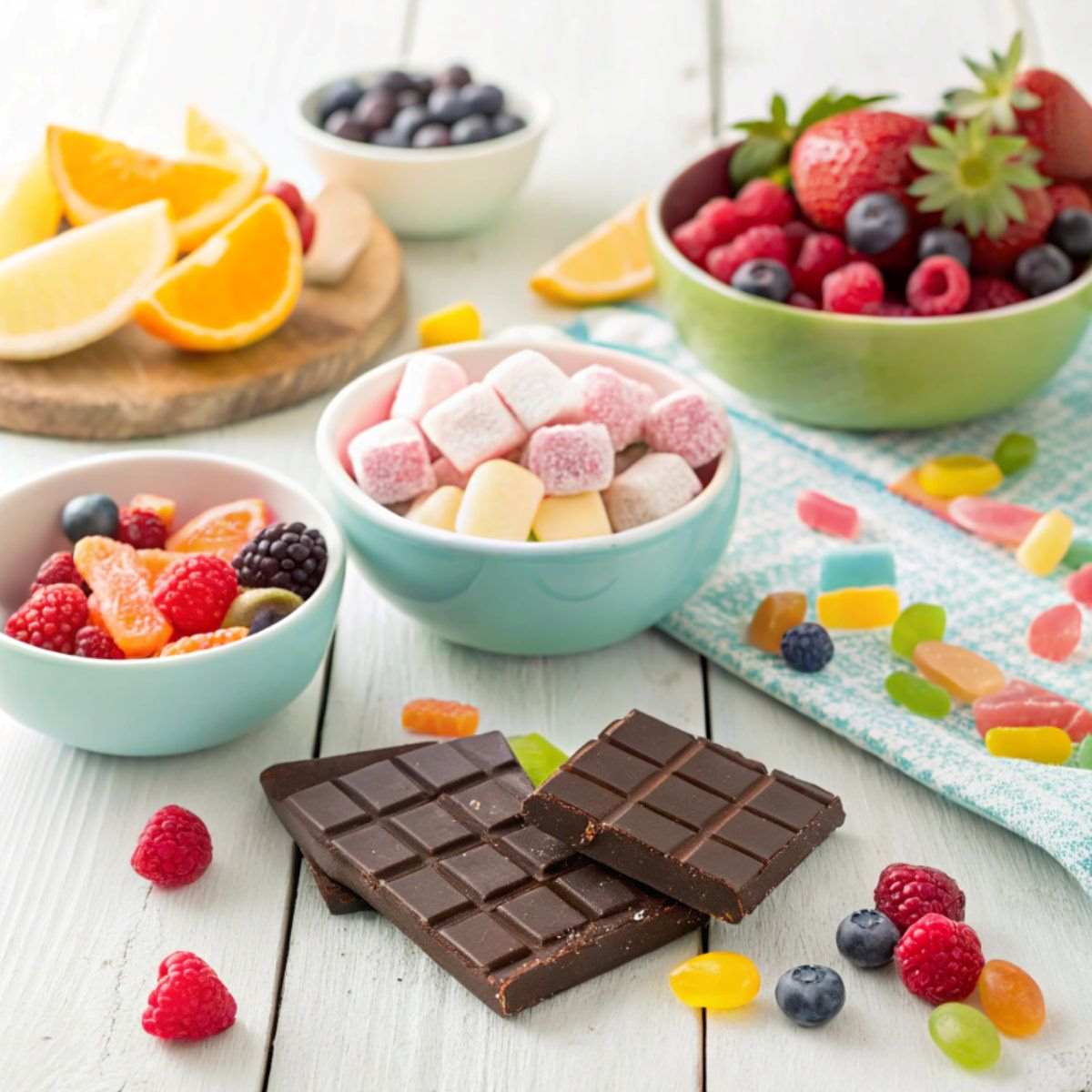 A vibrant flat-lay of a variety of gluten-free sweets, including colorful hard candies, marshmallows, chocolate bars, and fresh fruits like berries, arranged on a white wooden table with a soft-focus background. Bright and cheerful lighting.