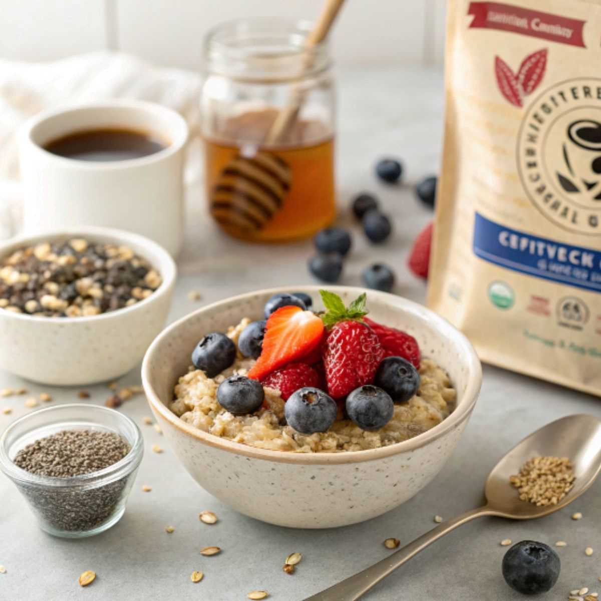 a breakfast table featuring a bowl of oatmeal with fresh fruits like blueberries and strawberries, surrounded by certified gluten-free oatmeal packaging.