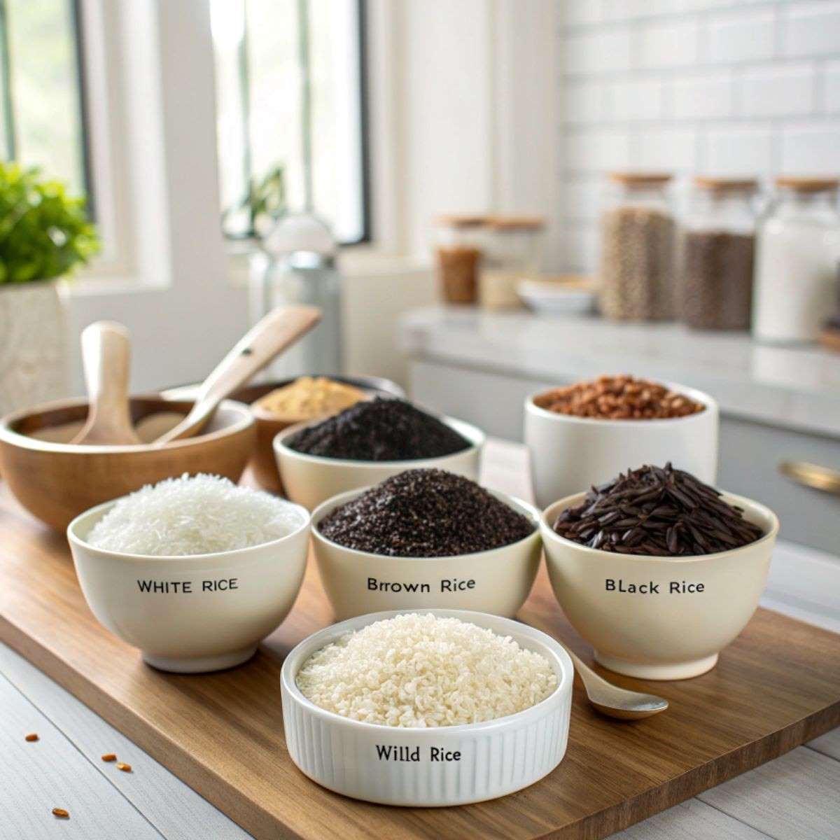 a variety of rice types arranged in small bowls on a wooden table. Include white rice, brown rice, black rice, and wild rice, with labels for each type. In the background, show a clean kitchen setting with gluten-free product labels subtly visible