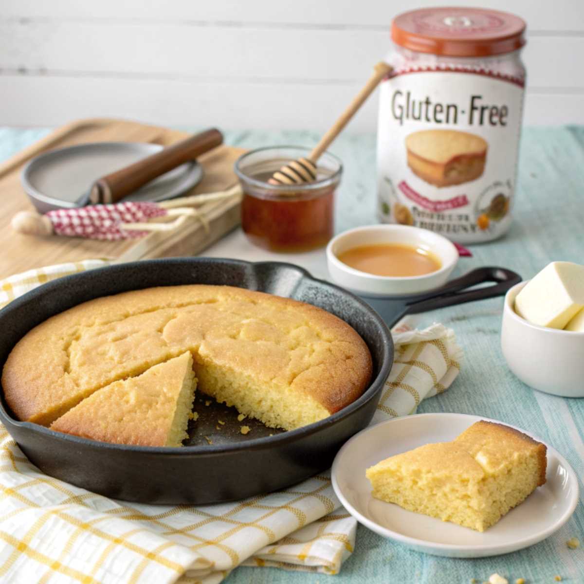 A vibrant kitchen scene featuring a freshly baked pan of gluten-free cornbread, with a slice cut out and plated alongside butter and honey. The background includes neatly arranged gluten-free ingredients like cornmeal, almond flour, and a labeled “gluten-free” container.