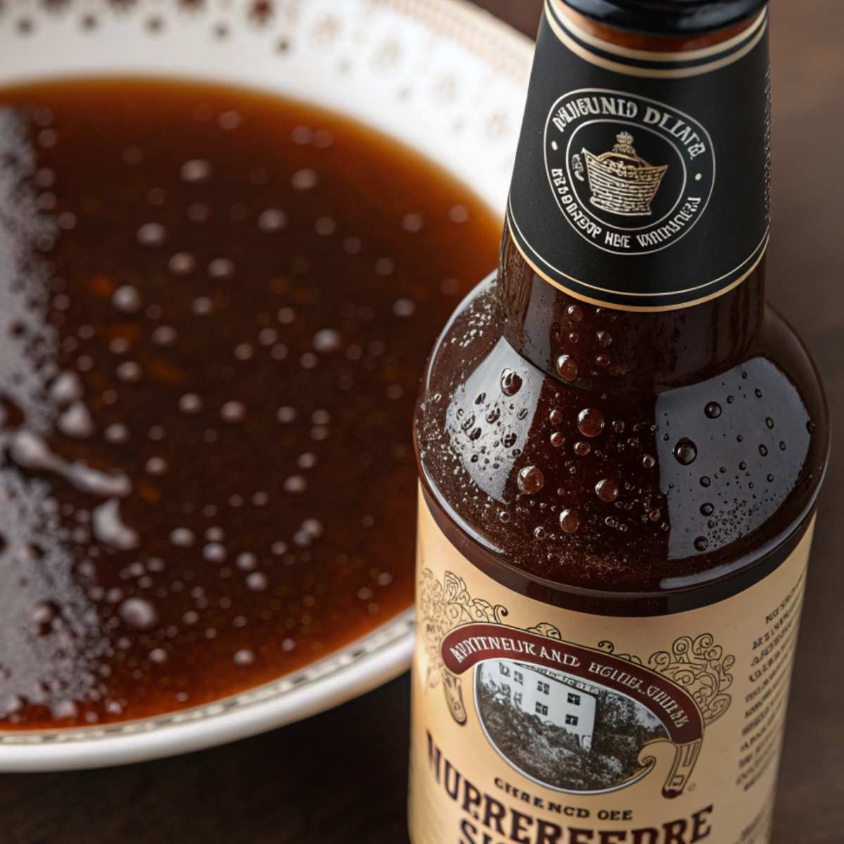 A bottle of Worcestershire sauce with its key ingredients