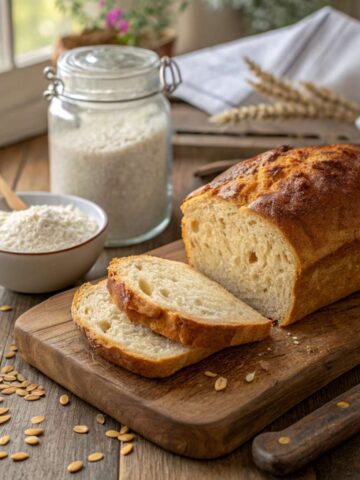 gluten-free sourdough bread on a rustic wooden cutting board.