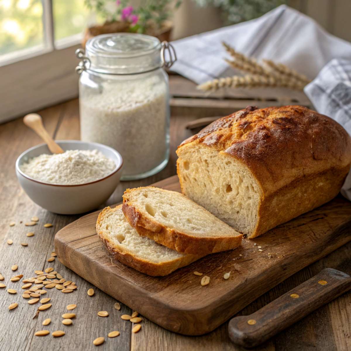 gluten-free sourdough bread on a rustic wooden cutting board.