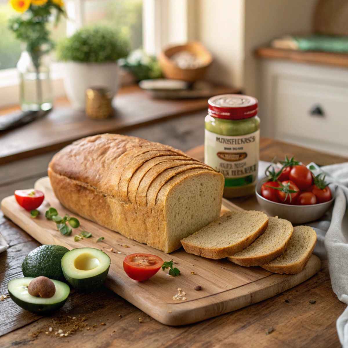  Trader Joe’s gluten-free bread loaf on a rustic wooden kitchen counter