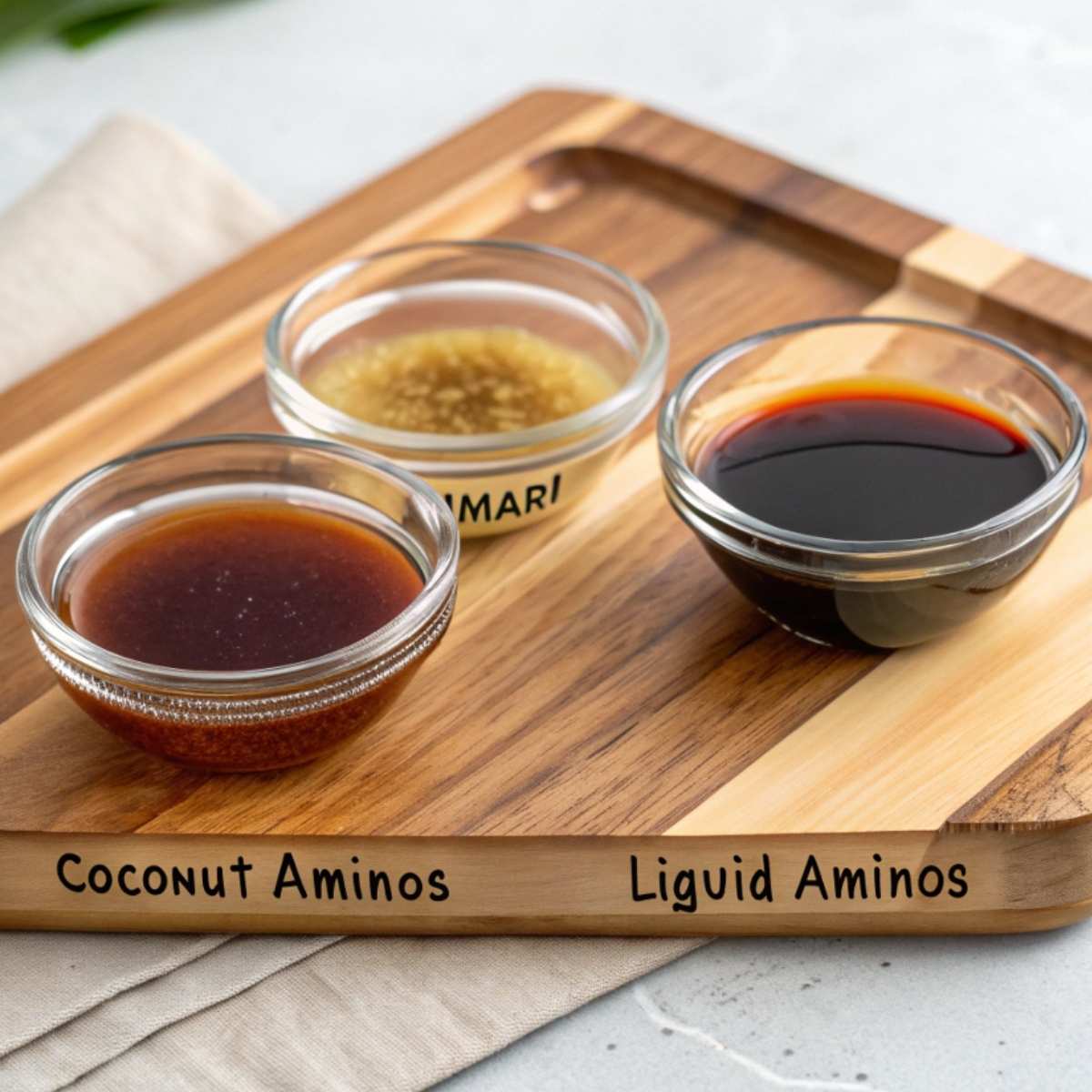 Gluten-free soy sauce alternatives including tamari and coconut aminos.