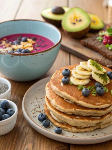 breakfast spread featuring a stack of golden-brown gluten-free pancakes topped with fresh blueberries and maple syrup