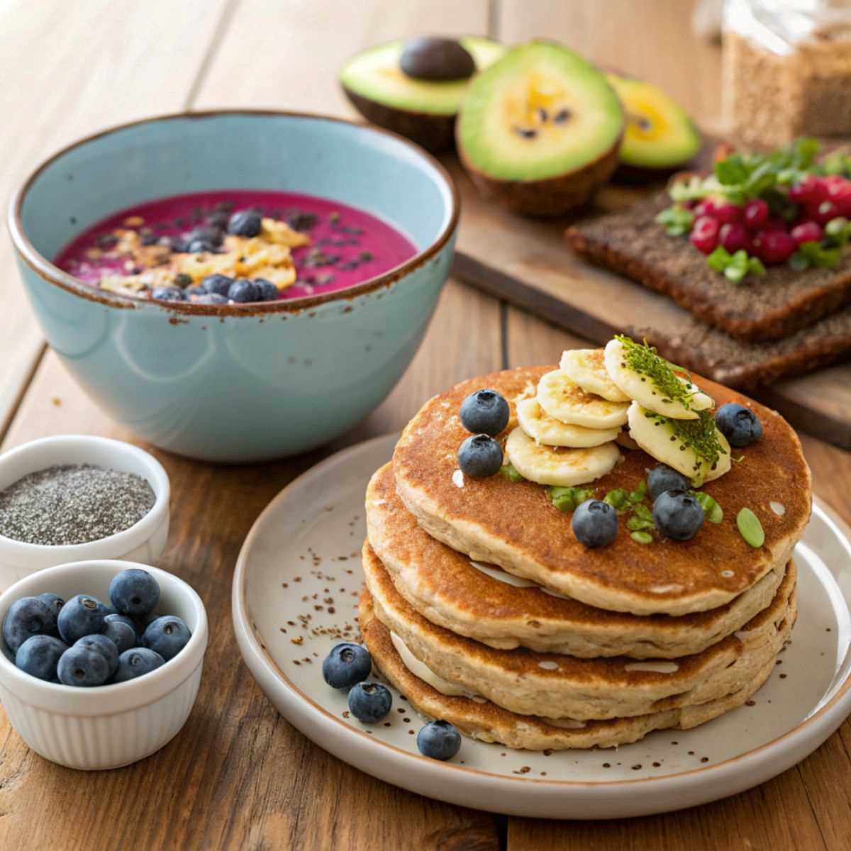 breakfast spread featuring a stack of golden-brown gluten-free pancakes topped with fresh blueberries and maple syrup