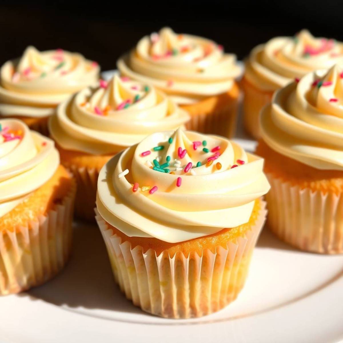 frosted gluten-free vanilla cupcakes arranged on a white plate