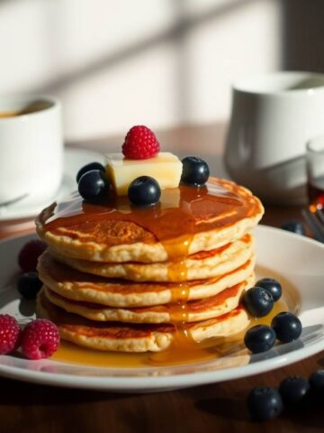 fluffy gluten-free pancakes with melting butter, syrup, and berries rests on a white plate