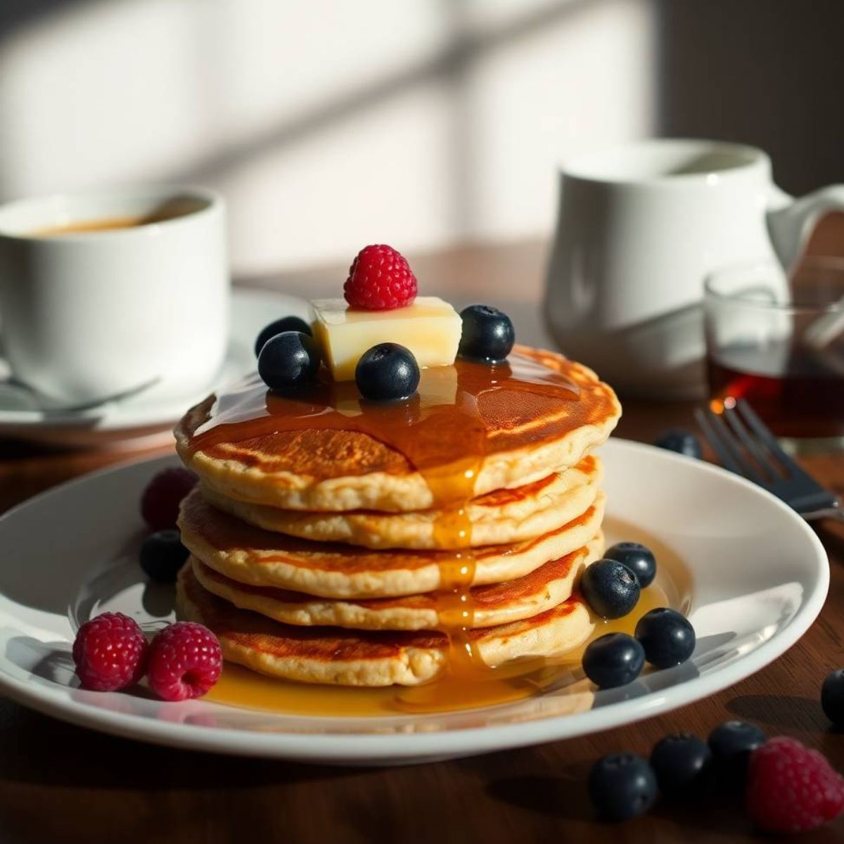 fluffy gluten-free pancakes with melting butter, syrup, and berries rests on a white plate