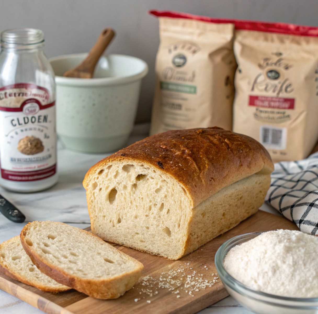 A gluten-free sourdough loaf with a dense