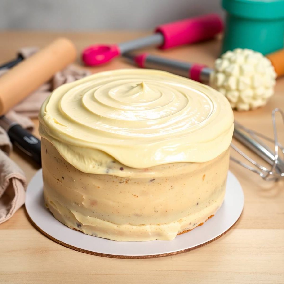 gluten-free vanilla cake, its buttercream frosting gleaming.