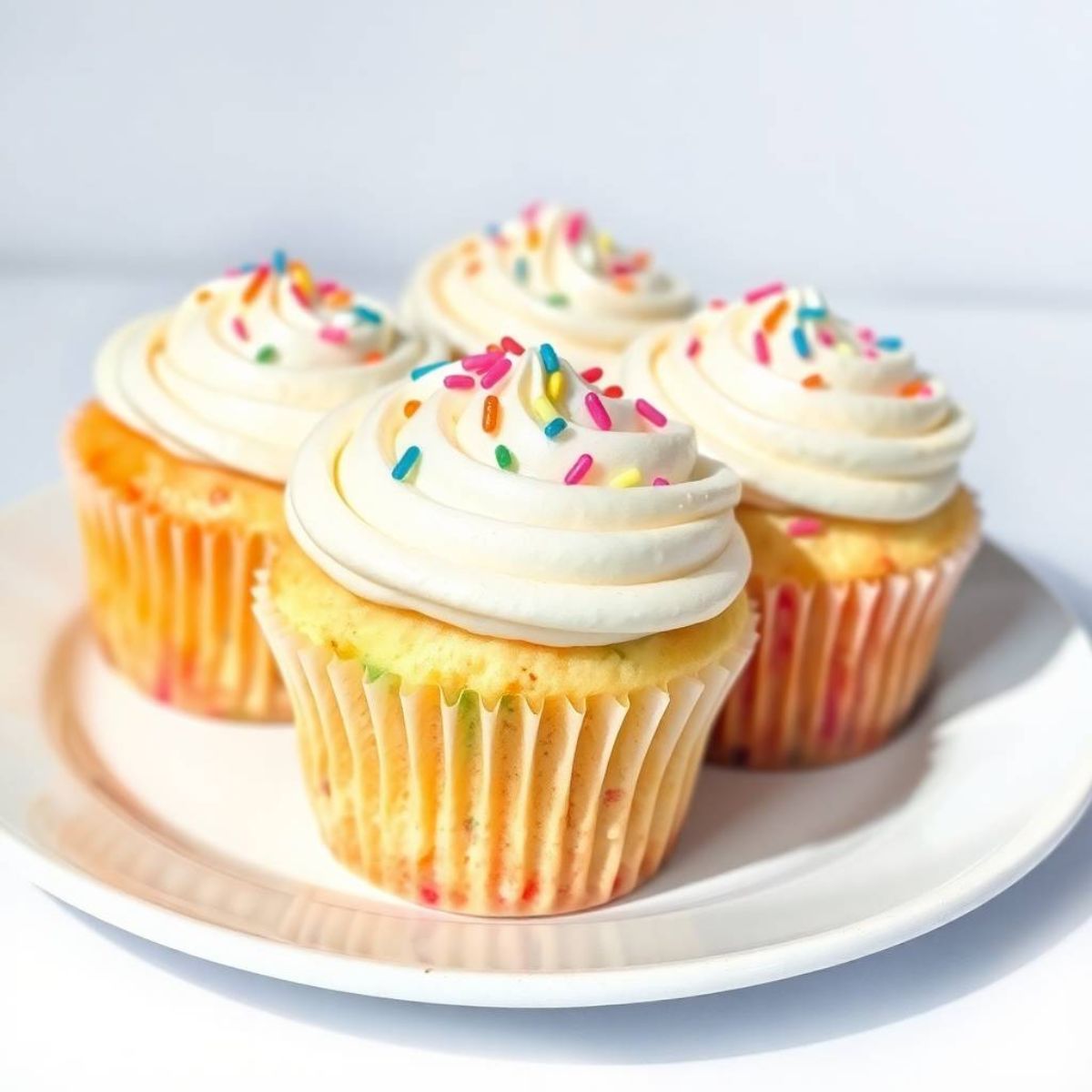 frosted gluten-free vanilla cupcakes arranged on a white plate