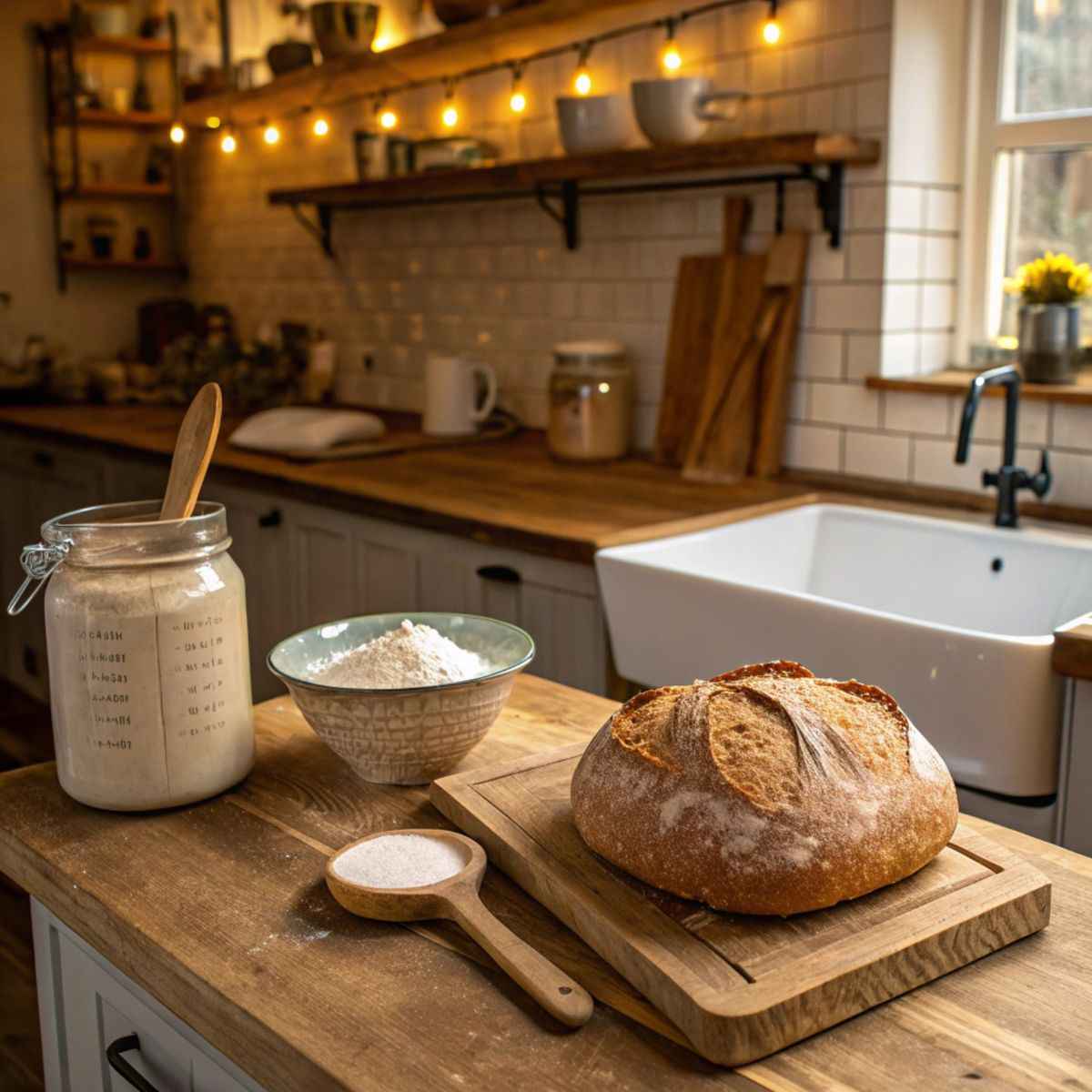 baked sourdough bread on a cutting board. A jar of gluten-free sourdough starter sits nearby