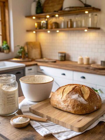 baked sourdough bread on a cutting board. A jar of gluten-free sourdough starter sits nearby