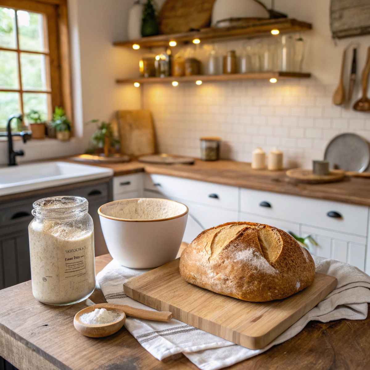 baked sourdough bread on a cutting board. A jar of gluten-free sourdough starter sits nearby