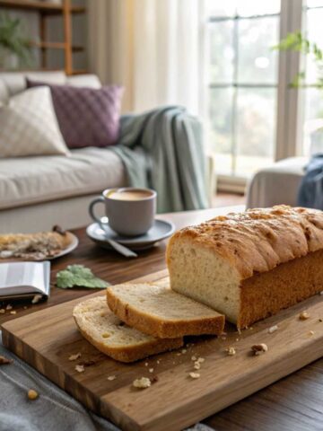 baked gluten-free bread resting on a rustic wooden cutting board in a cozy living room setting