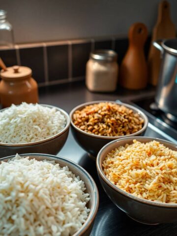 is rice gluten free rice bowls in a kitchen white, brown, wild, and jasmine rice. Dramatic lighting with iridescent color reflections