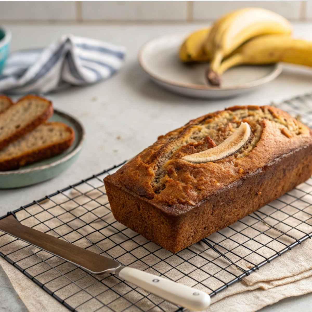 Gluten free banana bread cooling on a wire rack