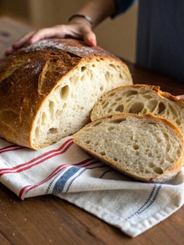 freshly baked loaf of sourdough bread on a rustic wooden table